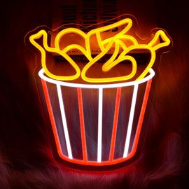 Deep-Fried Chicken Neon Light Sign Chicken Bucket LED Sign “13.4x12.8”Fake Food Model Bright Lamp for Fast Food Shop Restaurant Kitchen Home Party Decoration Display Photography Props