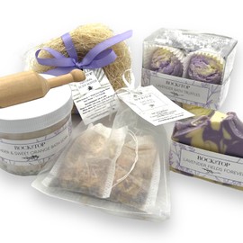 Rock the Top USA Made | 6 Lavender Self Care Gifts for Women, Bath Bombs (Truffles), Plant Based Dry Brush Body Brush Loofah, Epsom Salt Bath Soak, Handmade Soap, Herbal Bath Tea, Self Care Gift Box.