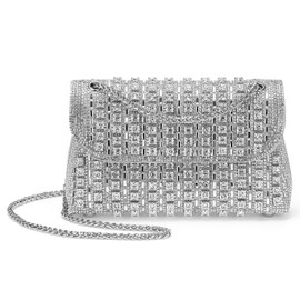DTGN Evening Bags Clutch Purses for Women Formal, Crossbody Handbag with Chain Shoulder Bag Crystal Rhinestone Sparkly Stylish for Wedding Bride Guest Party Silver