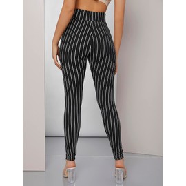 Floerns Women's Striped Print Wide Waistband Cropped Workout Legging Pants Black XL