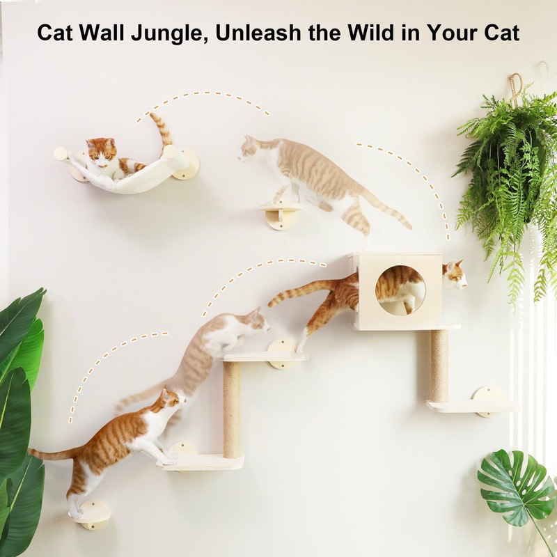 FUKUMARU Cat Wall Shelves, 5-Piece Stable Wooden Wall-Mounted Furniture Set,