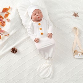 OPAWO Knotted Gown Baby Newborn Sleepers Baby Boy Coming Home Outfit, Bamboo Viscose Baby Gowns with Mitten Cuffs and Hat Set(Black + White, 0-3 Months)