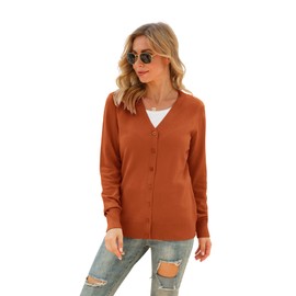 VIISHOW Women's Button Down V Neck Long Sleeve Soft Knit Cardigan Sweaters, Rust red, Small