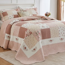 SahSahCasa 120"x102" 100% Cotton Oversized Queen Bedspread Coverlet Quilt Set, Patchwork Floral Quilted Bedspread Extra Large Wide Quilt, XL Bed Spread Lightweight Comforter, 3pc, Cream/Pink