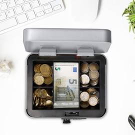 Relaxdays Cash Box, 3-Digit Number Combination, Coin Insert, Iron Money Box, Cash Box, HBT 8.5 x 20 x 17 cm, Silver