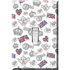 Toggle Wallplate, Single Light Switch Cover Plate - UK Icons of Teapot, Stamp and Union Jack