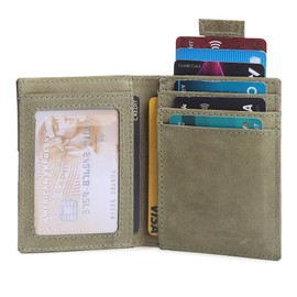 Bbelleco Genuine Leather Slim Wallet | RFID Blocking Skinny Minimal Thin Front Pocket Wallet Sleeve Card Holder for Men | 9 Card Slots, 1 ID Window, Card Puller, 2 Hidden Pocket (Parrot Green)