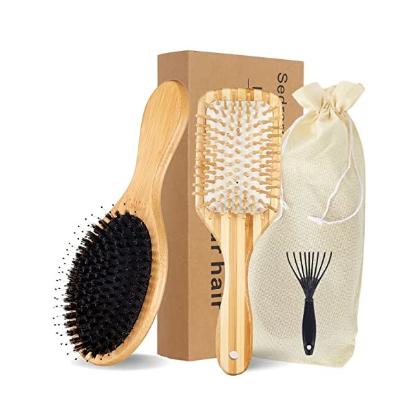 3Pcs Boar Bristle Hair Brush Gift Set ,Anti-Hair Loss ,Wooden Bamboo HairBrush for Wome Paddle Hair Brushes for Women Blow drying
