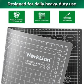 WorkLion Self Healing Cutting Mat: 12''x18'' Double Sided Craft Cutting Mat for Sewing, Fabric, Quilting - 5-Ply Slip-Resistant Hobby Cutting Board for DIY Projects (Grey/Black)