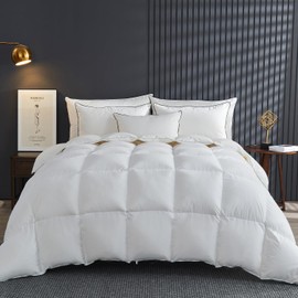 KUSNUG Feather Down Fibers Comforter California King Size, All Seasons Duvet Insert - Super Soft Fluffy High Fill-Power Feather Down Fibers Blended Medium Warm Bed Comforter(104"x96", White)