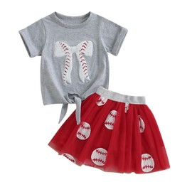 Kayotuas Toddler Girl Summer Clothes Baseball Outfit Fuzzy Baseball/Football Bow Embroidery T-shirt Tulle Skirt 2 Piece Sets (Red, 4-5T)