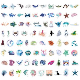 Hebterrka Sea Animals Sticker Set, 100 Waterproof Stickers for Children, Teenagers and Adults, Colourful Stickers of Fish, Turtles, Whales, Ideal for Laptop and More