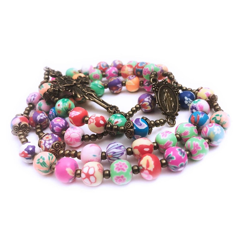 Miraculous Medal Colorful Rosary, Polymer Clay, No Gemstone