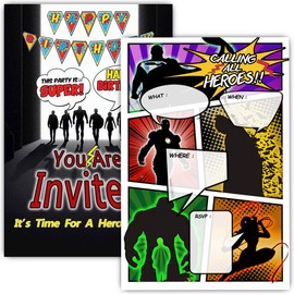 ukebobo 30 Superhero Birthday Party Invitations with Envelopes - Double Sided- Comic Book Style Superhero Party Invites - Superhero Party Supplies