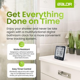 BALDR Digital Shower Clock with Timer - Black - Water-Resistant Shower Timer, Countdown Timer Clock with Temperature and Humidity, Digital Clock for Shower, Bathroom Clock, Alarm Clock Battery Powered