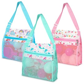 3 Pcs Beach Toy Mesh Beach Bag Kids Shell Collecting Bag Seashell Bag Beach Sand Toy Totes for Kids Summer Vacation Flamingo Mermaid Unicorn Shell Bags with Adjustable Carrying Straps and Zipper