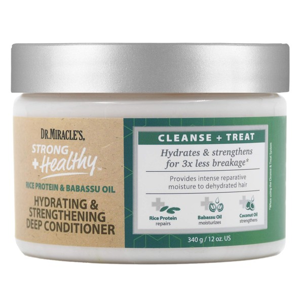 Dr. Miracle's Strong & Healthy Hydrating & Strengthening Deep Conditioner. Contains Coconut Oil to provide intense moisture and repair damaged hair.