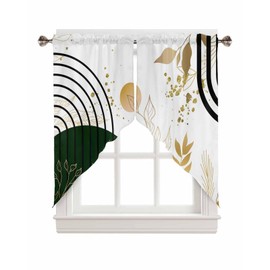 CosyBright Green Black Gold Boho Kitchen Curtains Green Gold Leaves Plant Window Valance Set,Abstract Rod Pocket Curtains Swag for Living Room,Gold Green Black Geometric Swag Valance 36" Long Set