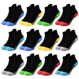 GENTABY Kids Trainer Socks Boys Sports Ankle School Athletic 12 Pairs Black White Design of Splicing Stripes Breathable Cotton for 5-7 Years Children