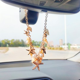 Sea Shell Rear View Mirror Accessories Hanging Charms, Starfish Conch Cute Car Accessories for Women/Men, Car Interior Decor Hanging Ornament, Ideal for Beach Vacation (Gold)