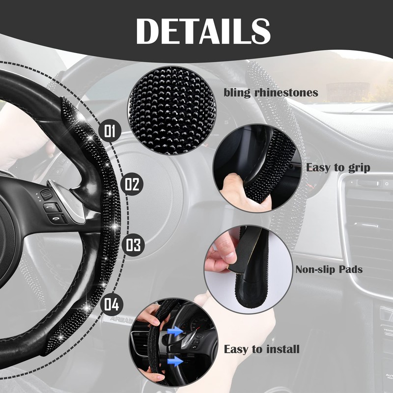 CAR PASS 2PCS Bling Diamond Segmented Steering Wheel Cover with