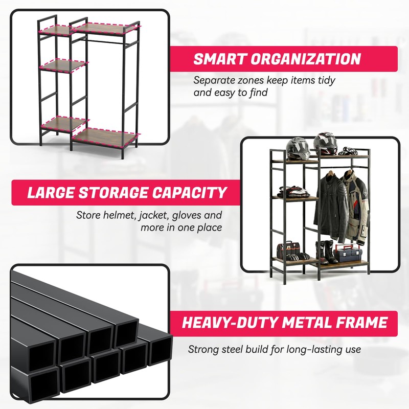 TONGMO Motorcycle Gear Rack, Heavy Duty Helmet Stand, Large Motorcycle
