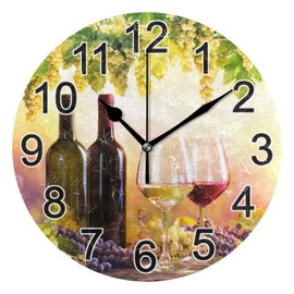 Bottles Wine Glasses Grapes Sunset Wall Clock Non Ticking Silent Kitchen Clock Large Battery Operated Clocks 10 inch for Living Room Bedroom Decor