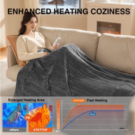 ATKTTOP Heated Blanket Queen Size – Dual Control Fast & Even Heating Electric Blanket with 8 Heat Levels & 10 Timer Settings, Ultra Soft Flannel, ETL Certified Overheat Protection (84"x90" Grey)