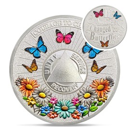 Colorful Sunflower Sobriety Coin - Recovery Triangle Butterfly AA Coins - Silver Addicts NA AA Chips and Medallions - Celebrate Living Clean Narcotics Alcoholics Anonymous Gifts for Men Women