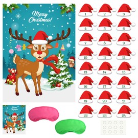 KUUQA Pin The Santa Hat on The Reindeer Christmas Party Pin Games with 24Pcs Christmas Hat Stickers for Christmas Party Supplies, Kids New Year Xmas Gifts