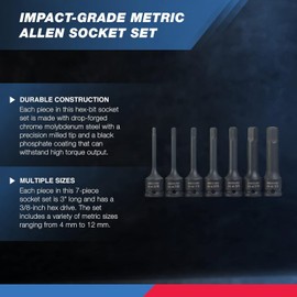 NEIKO 01130B 3/8" Drive Allen Socket Set, 7 Piece, 3 Inch, 3/8” Impact Hex Bit Socket Set, Metric Hex Driver 4 mm to 12 mm, Chrome-Moly Cr-Mo Impact Grade