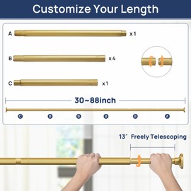 ENJOYBASICS Shower Curtain Rod 30 to 88 Inches, 1 Inch Stainless Steel Adjustable Spring Tension Rods No Drill for Bathroom, Closet, Window, Room Divider, Never Rust, Non Slip, Gold