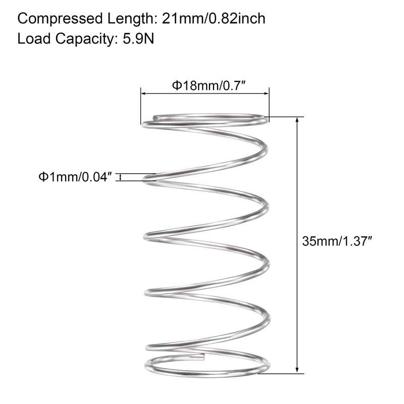 sourcing map Compression Spring,304 Stainless Steel,18mm OD,1mm Wire Size,9mm Compressed