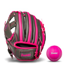 Franklin Sports unisex youth Left Handed Thrower Franklin Sports Kids Baseball Gloves RTP Child s Teeball Glove Ball Set Boys Girls Mitt Set, Graphite/Pink, 9.5 US