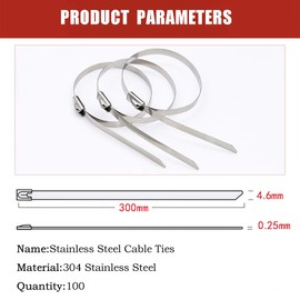 100 Pcs Metal Cable Ties,Tight Stainless Zip Ties 4.6 * 300mm, MgcTolBox Cable Ties Heavy Duty for Exhaust Repair,Cable Management,Heat Wrap for Headers (300mm)