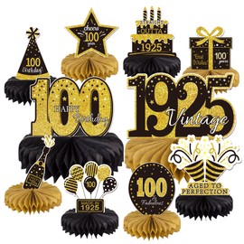 10PCS 100th Birthday Decorations Centerpieces for Table Decorations, 2025 Vintage 1925 Honeycomb Table Topper Back in 1925 Birthday Party Decoration for Men and Women (Gold & Black, 100 Years)