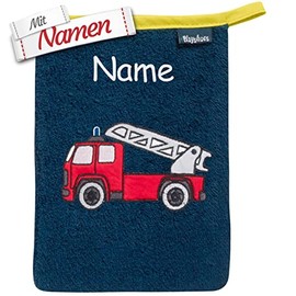 Children's Fire Brigade Wash Mitt Embroidered with Name, Boys Baby Toddler Wash Cloth for Bathing, Gift for Birth, Christening, Easter, Santa Claus