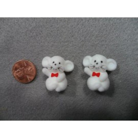 Unbranded Miniature Vintage Flocked White Mice with Red Bow Tie