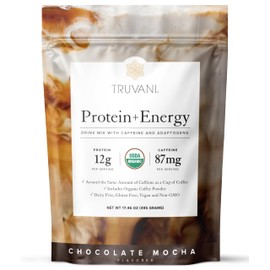 Truvani Protein + Energy Drink Mix with 87mg Caffeine | Chocolate Mocha | 12g Organic Plant Based Protein | 20 Servings | USDA Organic Coffee Powder & Adaptogens | Gluten & Dairy Free | Vegan