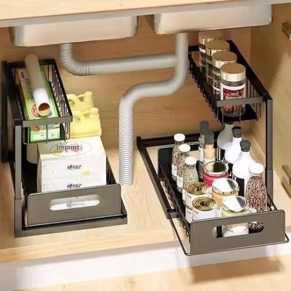 NewHome 2 Tier Under Sink Organizer Sliding Storage Basket Rack
