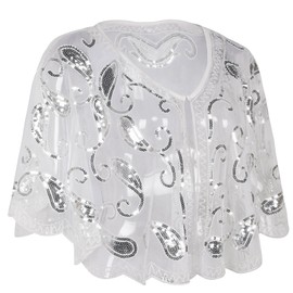 PrettyGuide Women's 1920s Sequin Evening Shawl Vintage Beaded Cocktail Flapper Wraps White Silver