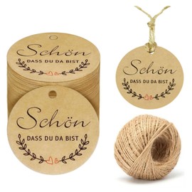 LINGJIA Pack of 100 Christmas Gift Tags, Round Gift Tags, Kraft Paper Gift Tags with String, for Crafts, Weddings, Christmas, Gift Wrapping