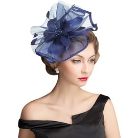 Z&X Fascinator with Headband Clip Cocktail Tea Party Feather Floral Pillbox Hat Black, Mesh Fascinator - Navy Blue, One Size