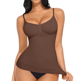 FeelinGirl Women Shapewear Tummy Control Tank Tops Compreesion Cami Seamless Slimming Camisoles V neck T-Shirt Brown L