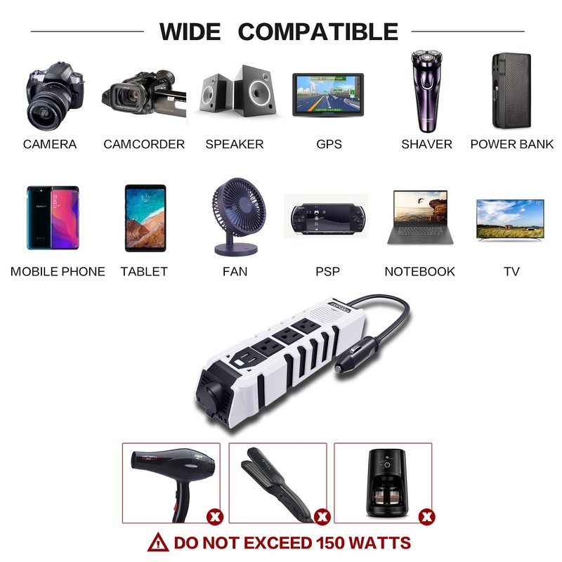 150W Car Power Inverter, DC 12V to 110V AC Car