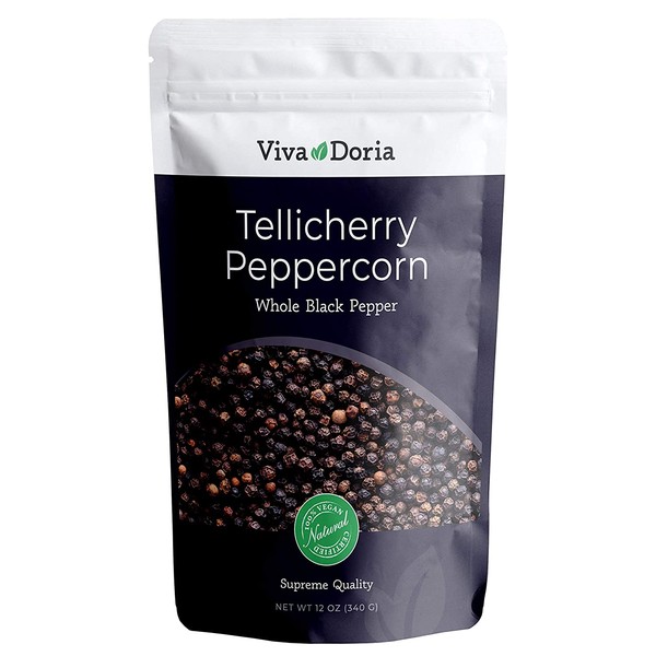 Viva Doria Tellicherry Peppercorn, Steam Sterilized Whole Black Pepper, 12 Oz Black Peppercorns For Grinder Refill