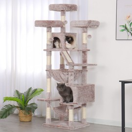 Heybly Cat Tree, 73 inches Tall Cat Tower for Large Cats 20 lbs heavy duty for Indoor Cats,Big Cat Furniture Condo for with Padded Plush Perch, Cozy Basket and Scratching Posts Murchroom HCT030MU