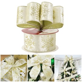 AIMUDI Ivory Christmas Velvet Ribbon Wired 2.5 Inch Glitter Snowflake Wired Ribbon for Wreaths Ivory and Gold Ribbon for Christmas Tree, Gift Wrapping, Garland, Holiday Crafts, Topper Bows - 10 Yards