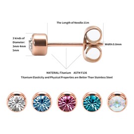 Artskin 3 Pairs/Set Women's Stud Earrings Titanium Girls' Earrings Hypoallergenic Crystal Men's Studs 4mm Nickel Free Rose Gold Plated Earring