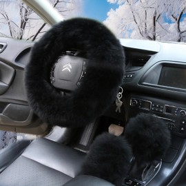 LOMTRATS Multicolor Car Steering Wheel Cover Gear Shift Handbrake Fluffy Cover 1 Set 3 Pieces with Winter Warm Pure Wool Fashion Fit Most Cars Women Men